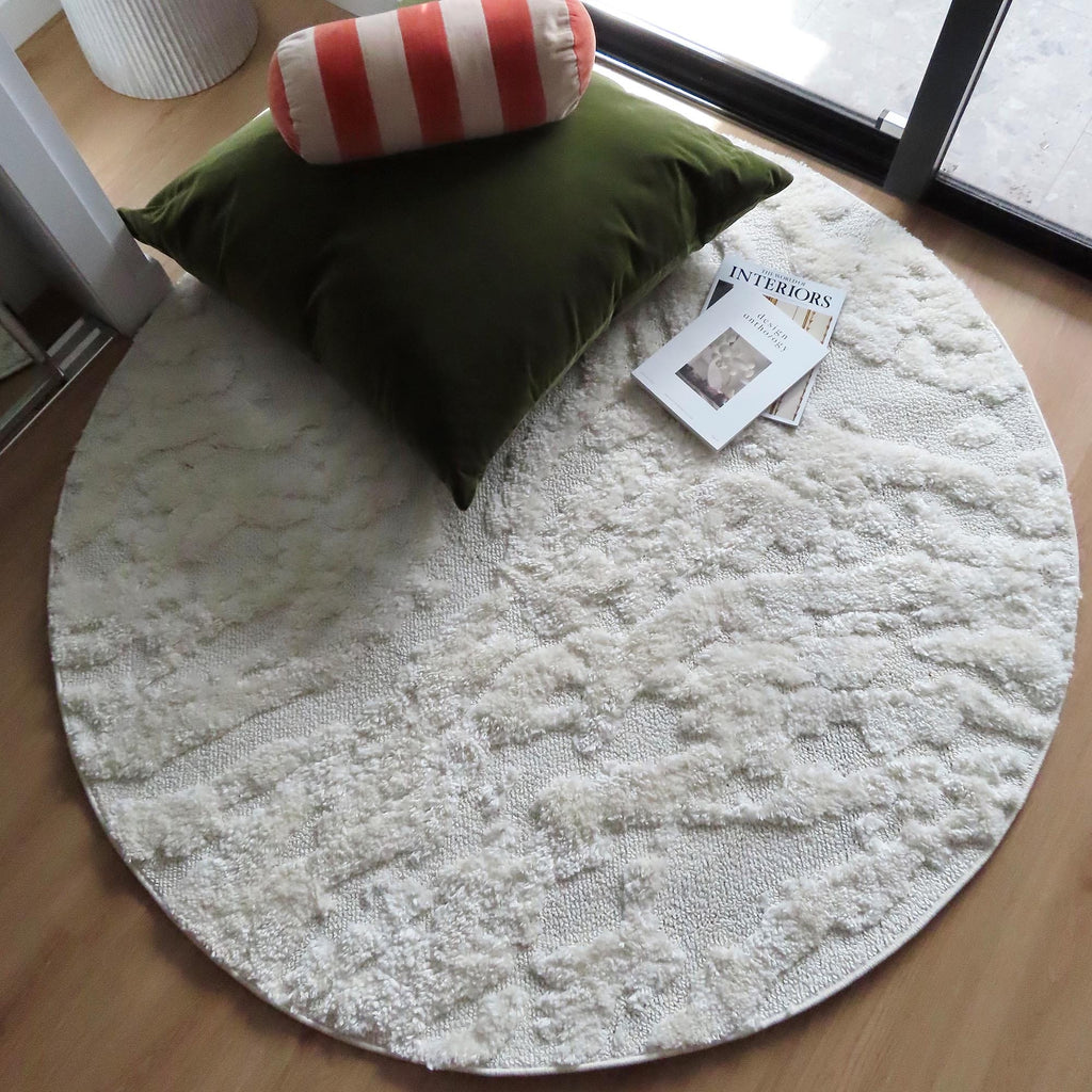 Aurora Ivory Cream Abstract Textured Round Rug