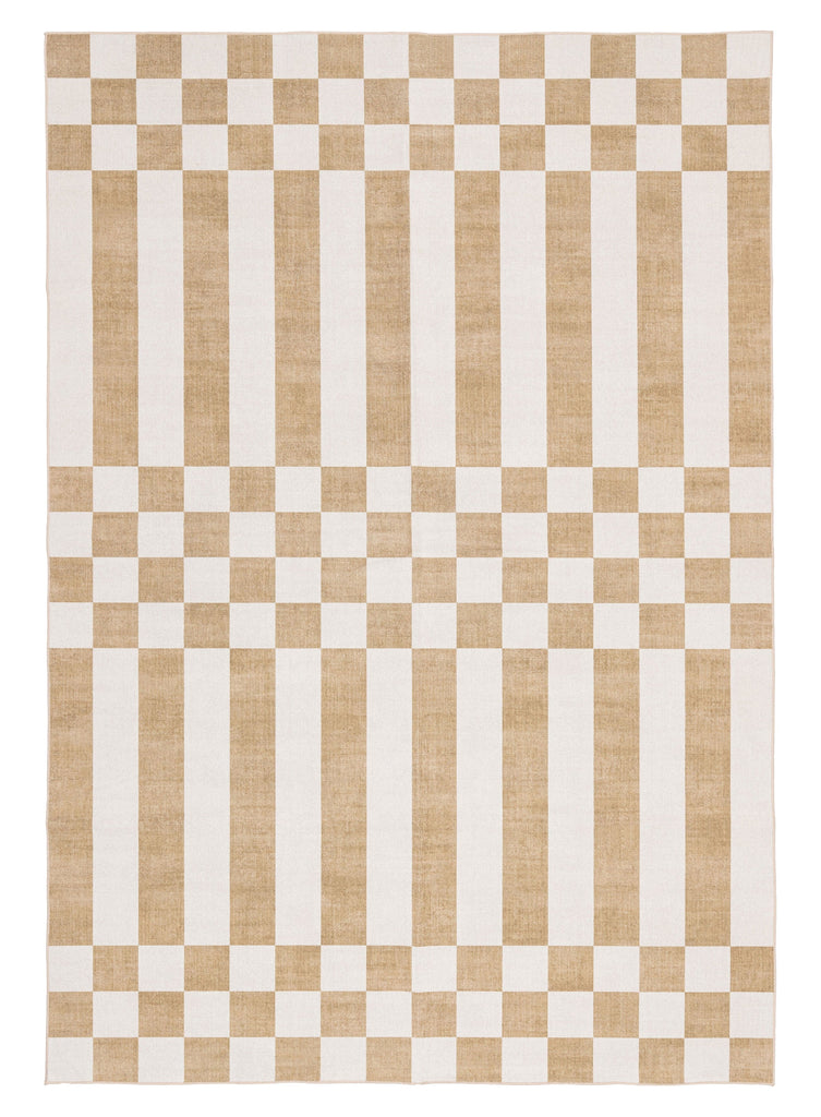 Batini Brown and White Checkered and Striped Washable Rug