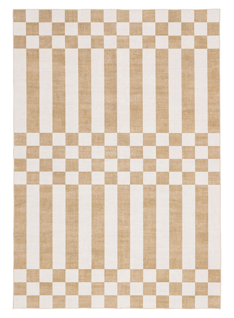 Batini Brown and White Checkered and Striped Washable Rug