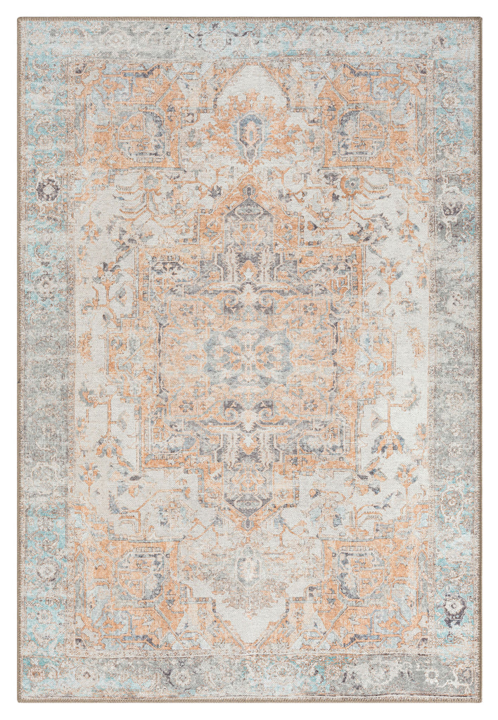 Ceren Orange and Blue Traditional Distressed Washable Rug