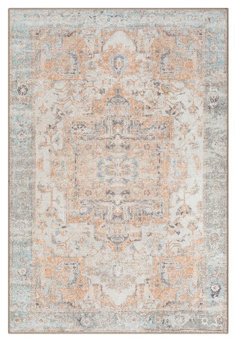 Ceren Orange and Blue Traditional Distressed Washable Rug