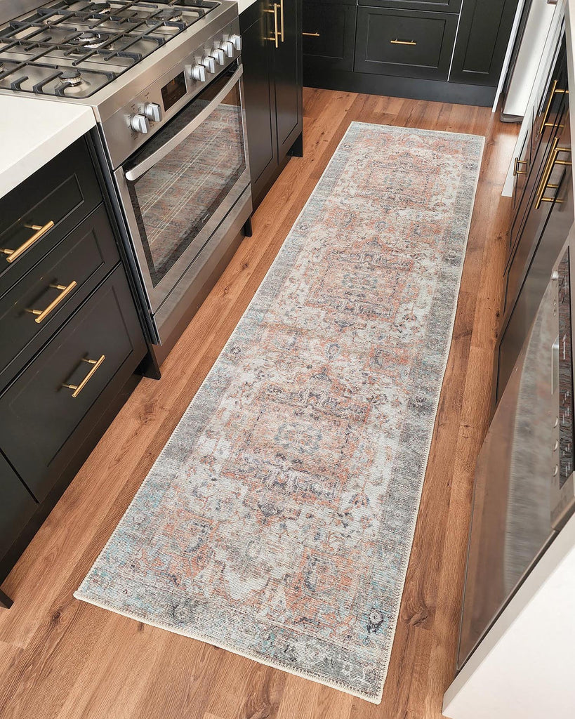 Ceren Orange and Blue Traditional Distressed Washable Runner Rug