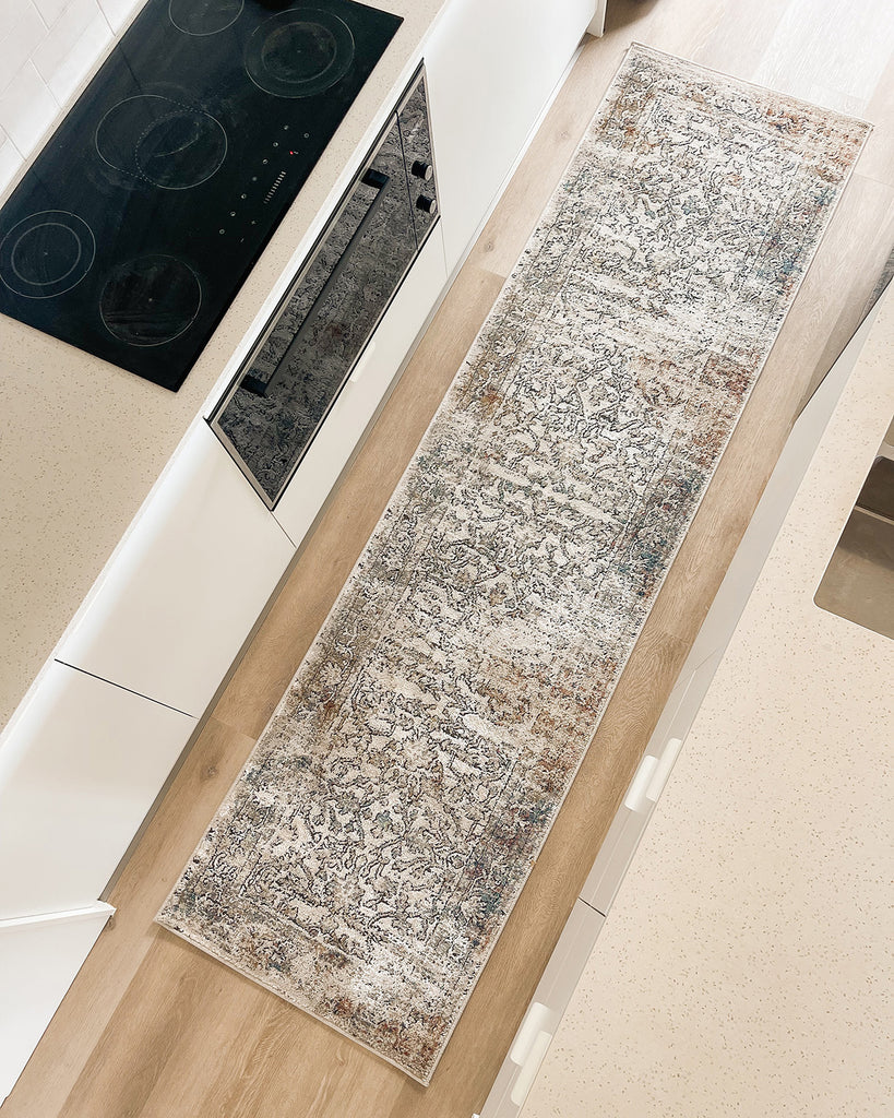 Constance Beige And Blue Distressed Floral Runner Rug