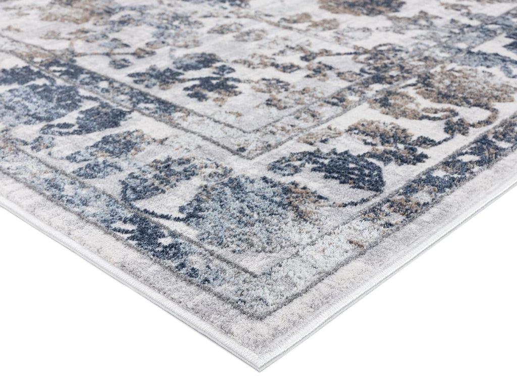 Elletra Cream And Navy Floral Motif Runner Rug