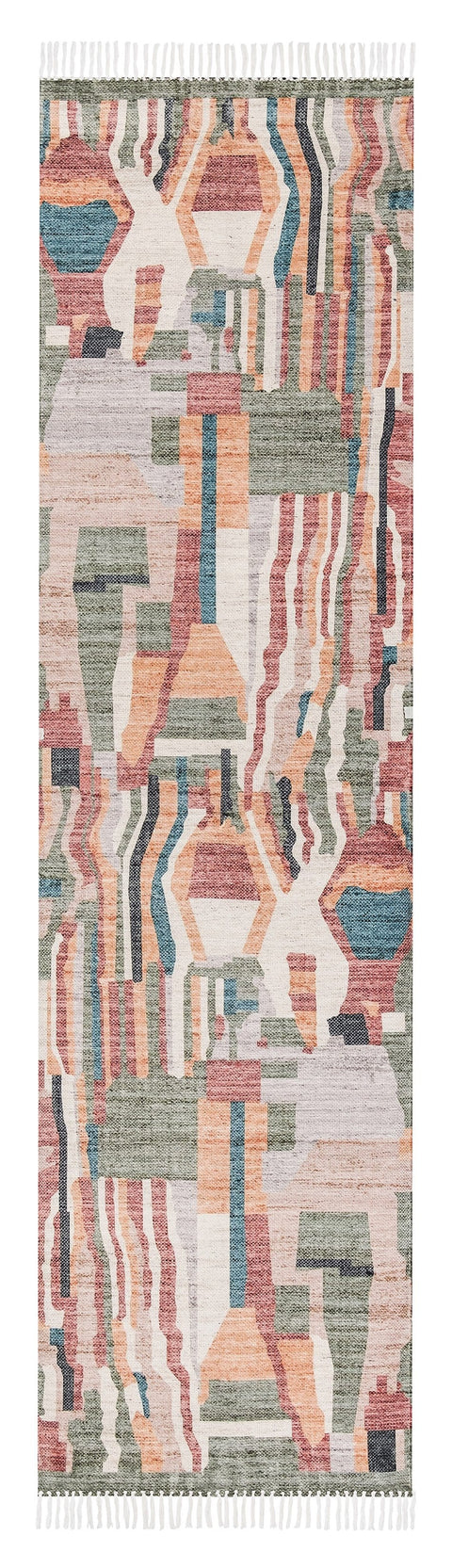 Fern Green and Orange Multi-Colour Abstract Tribal Indoor Outdoor Runner Rug