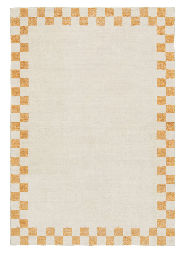 Gadise Yellow Mustard Checkered Border Washable Rug