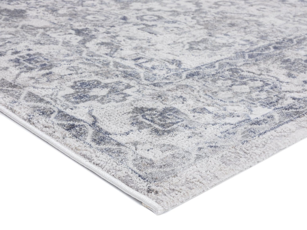 Iman Blue Ivory and Stone Grey Transitional Distressed Runner Rug