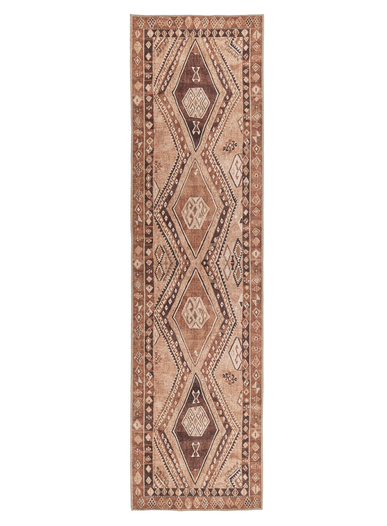 Necha Beige and Brown Tribal Washable Runner Rug