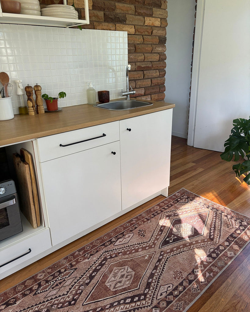 Necha Beige and Brown Tribal Washable Runner Rug