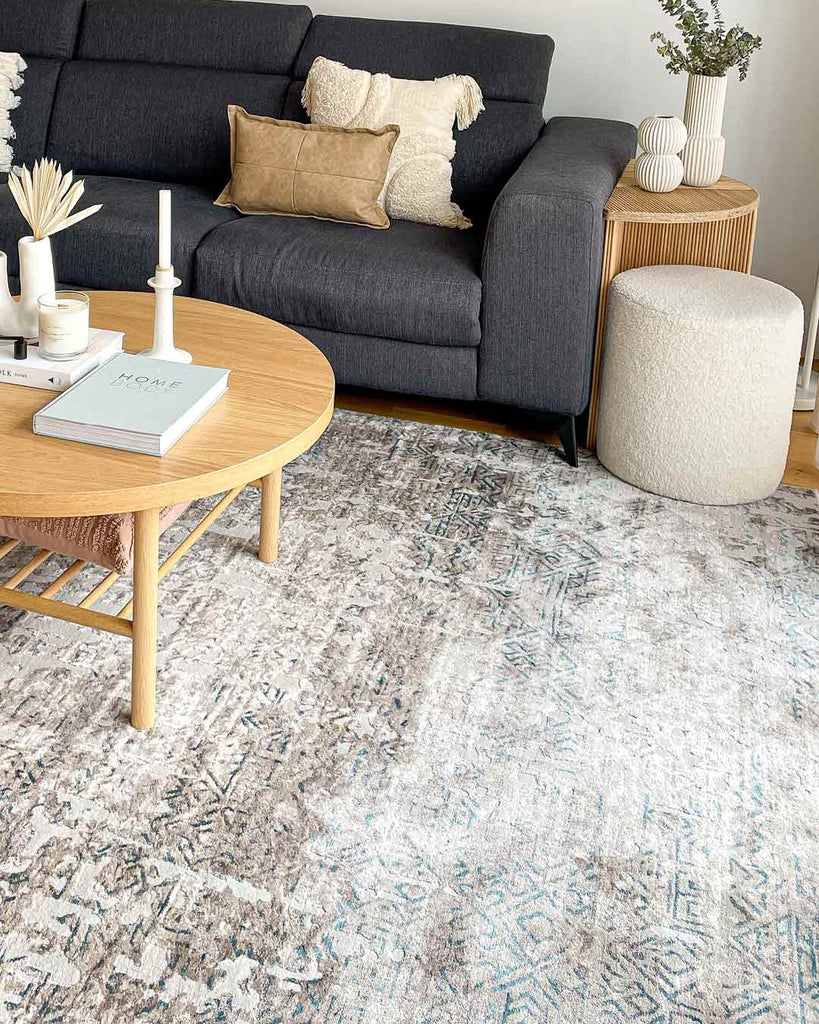 Tatara Grey Brown And Blue Distressed Tribal Rug