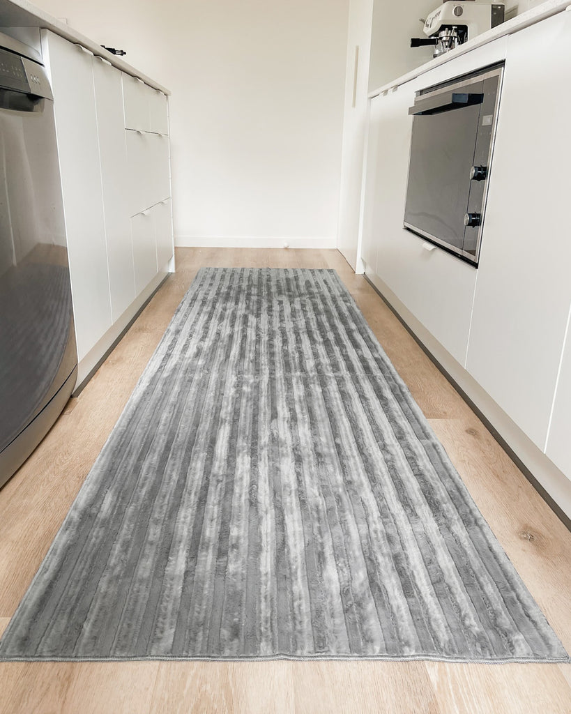 Tonca Grey Striped Washable Faux Fur Runner Rug