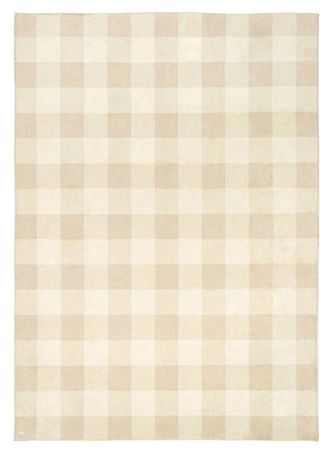 Zira Neutral Beige Gingham Washable Rug
