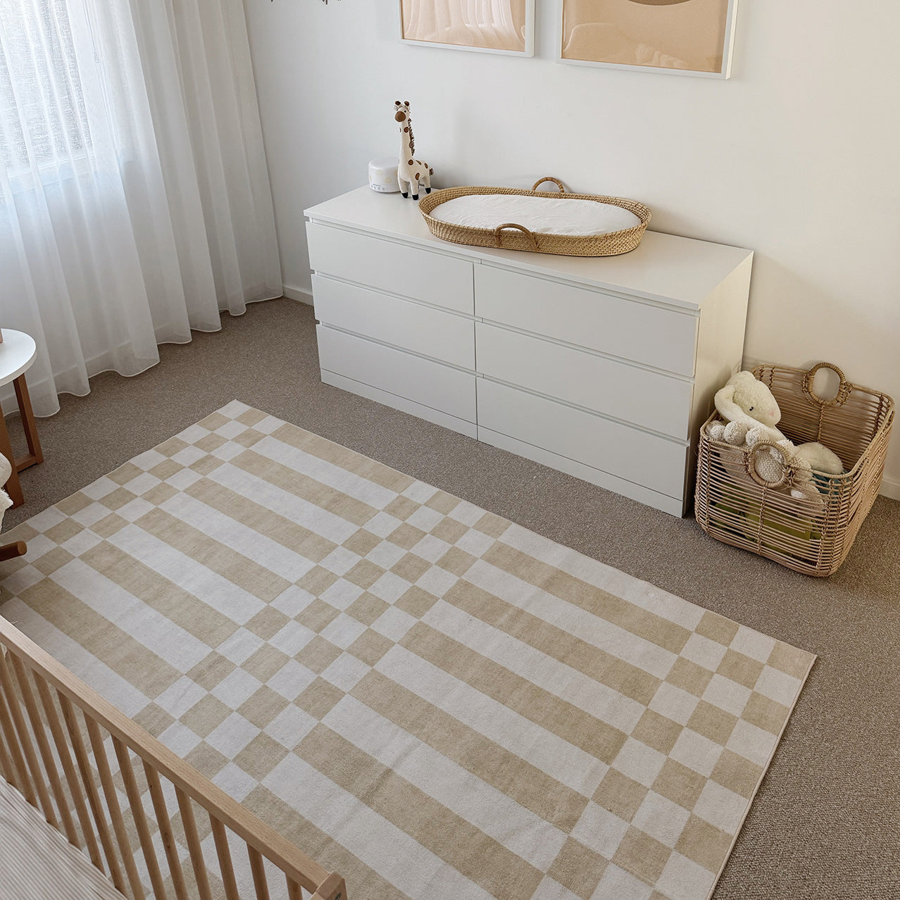 Anette Light Brown and White Checkered and Striped Washable Rug