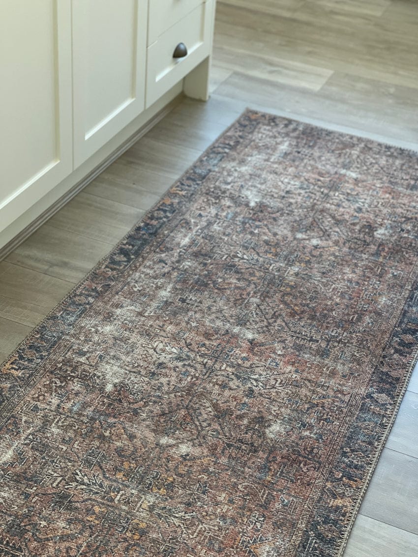 Anyel Brown and Blue Traditional Distressed Washable Runner Rug