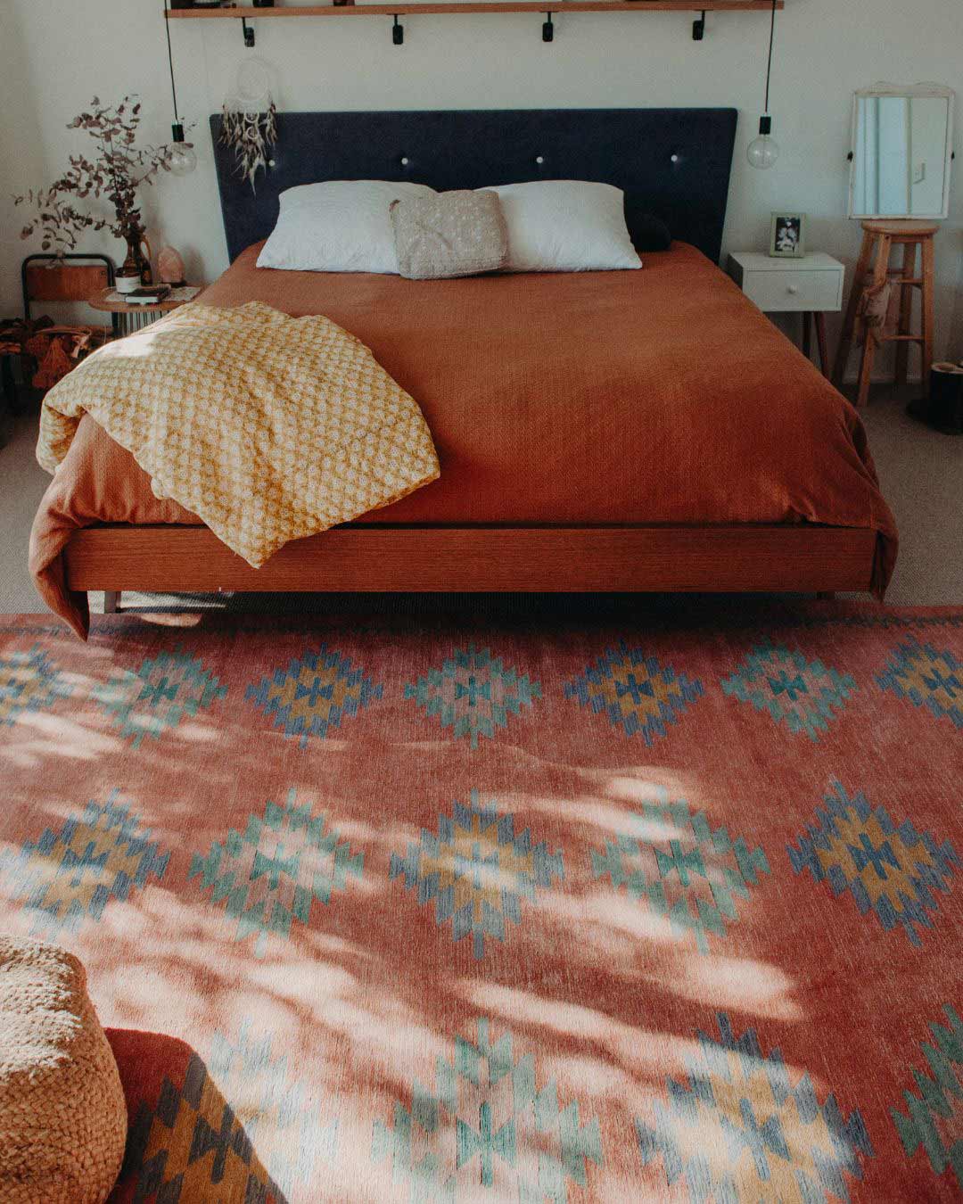 Ariel Peach and Blue Multi-Color Diamond Tribal Rug
