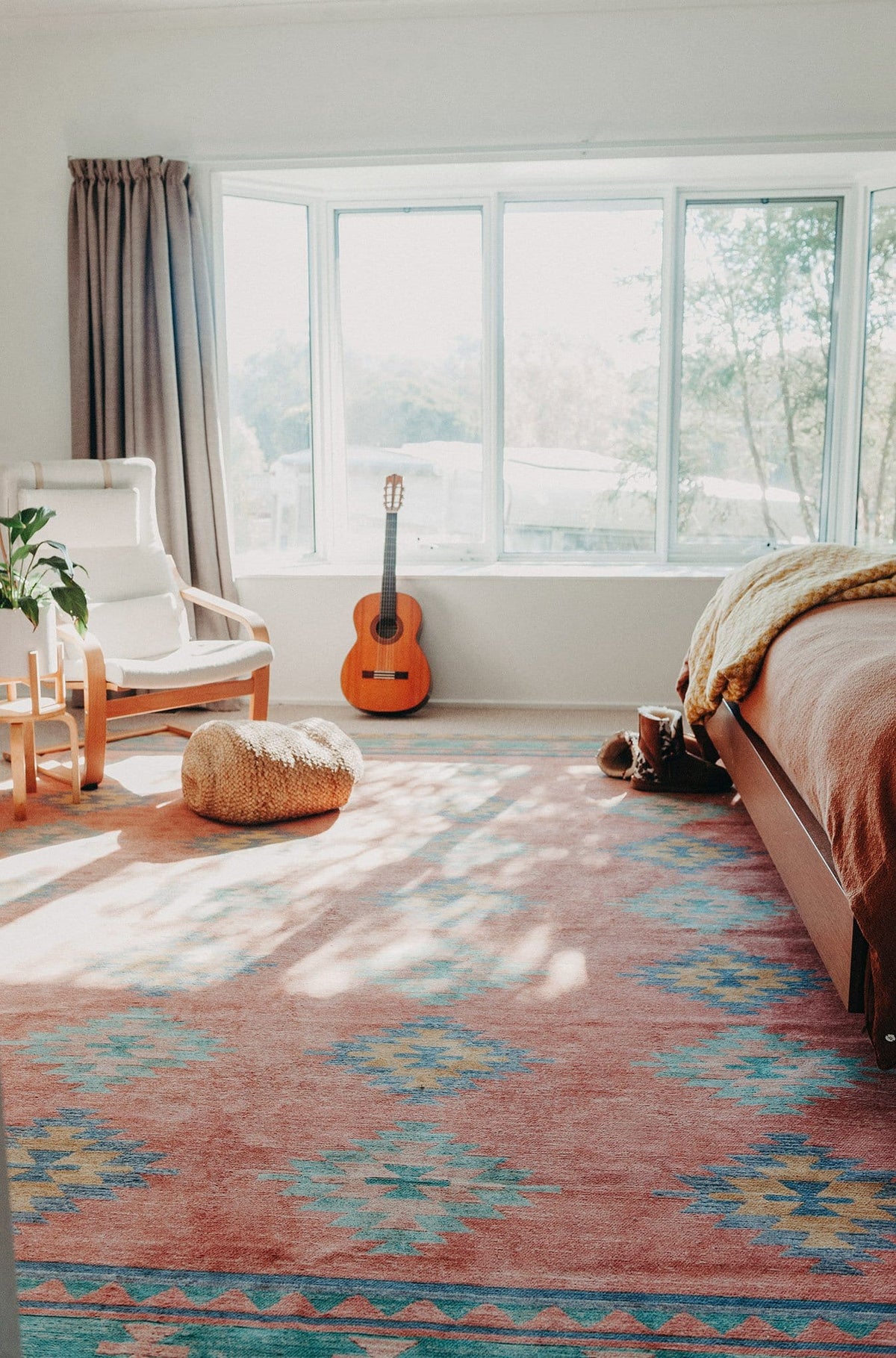 Ariel Peach and Blue Multi-Color Diamond Tribal Rug