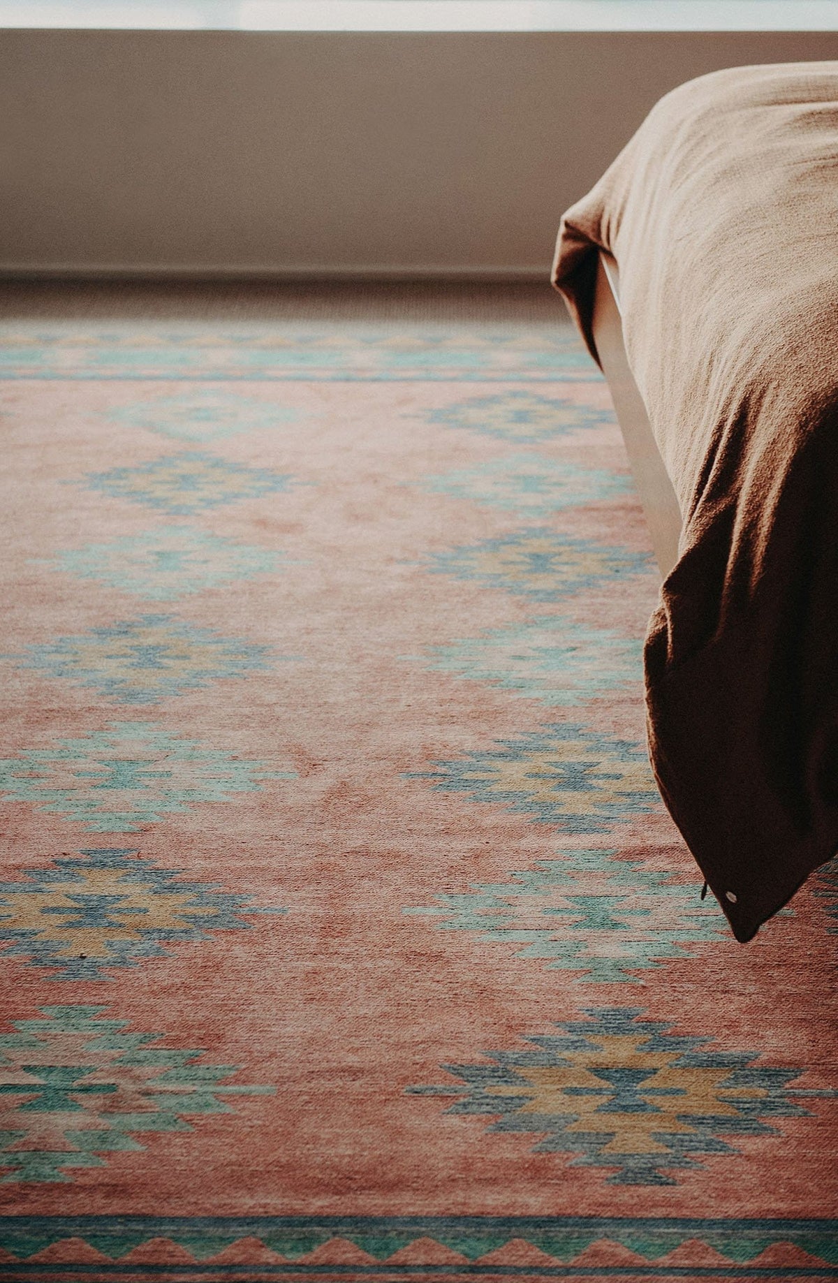 Ariel Peach and Blue Multi-Color Diamond Tribal Rug