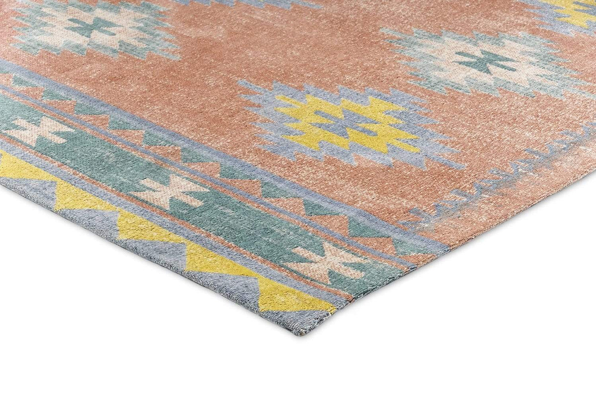 Ariel Peach and Blue Multi-Color Diamond Tribal Rug