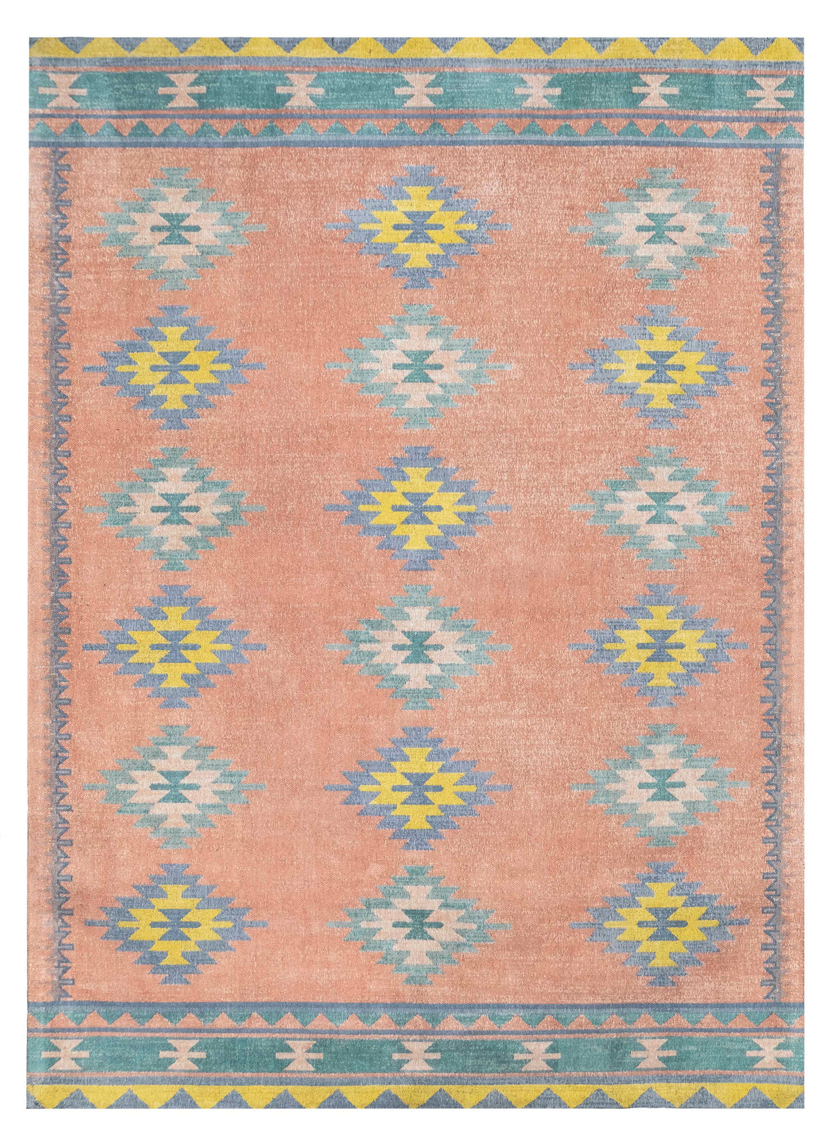 Ariel Peach and Blue Multi-Color Diamond Tribal Rug