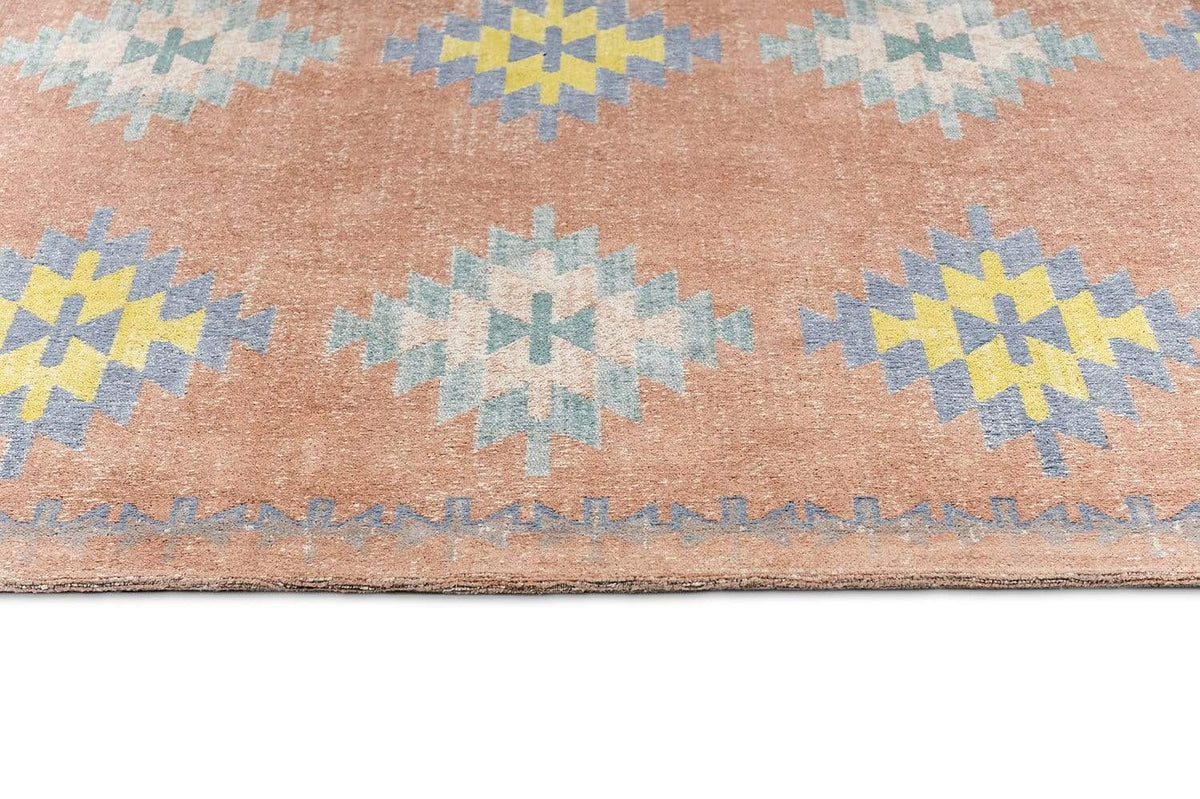 Ariel Peach and Blue Multi-Color Diamond Tribal Rug