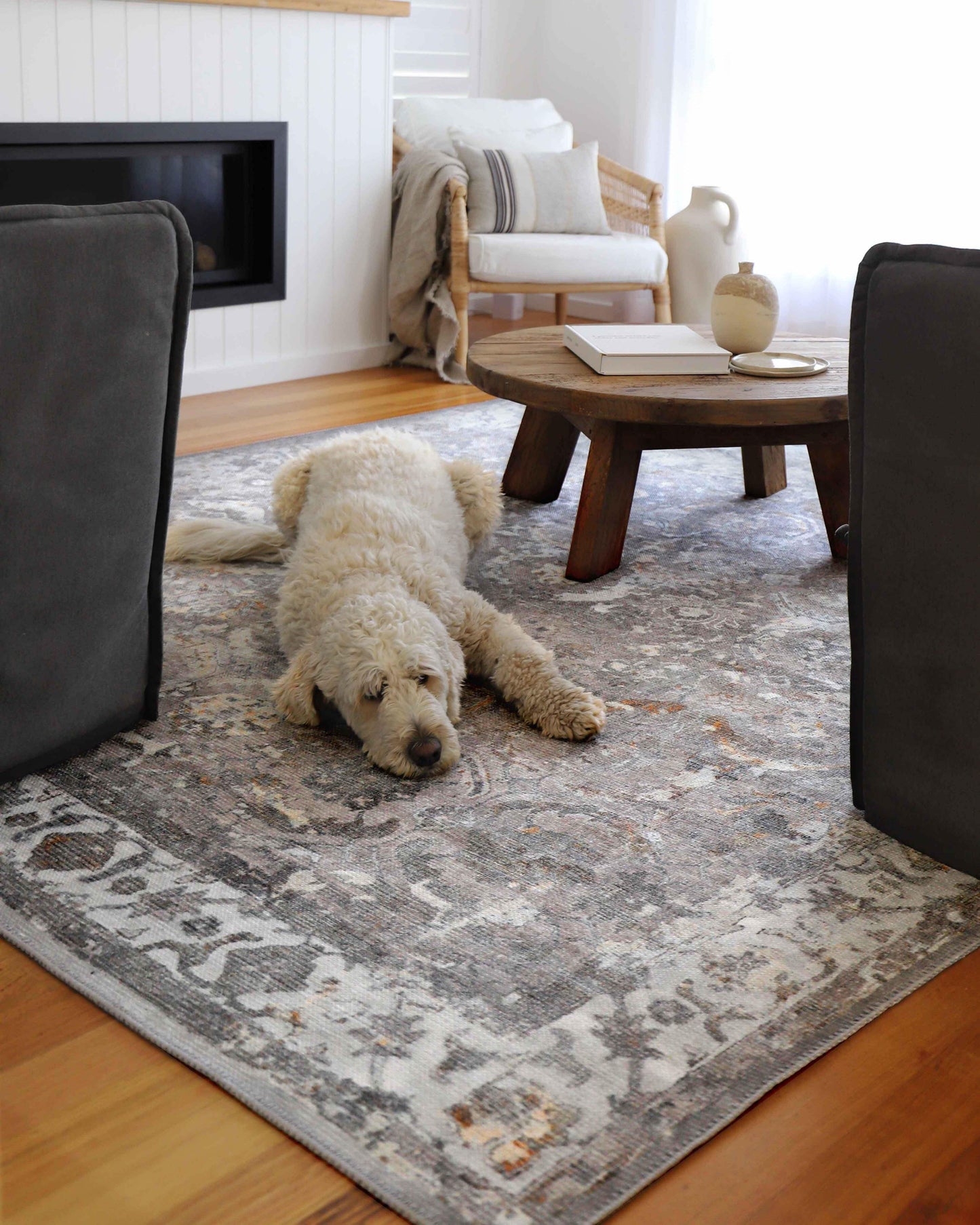 Ava Grey and Gold Traditional Distressed Washable Rug