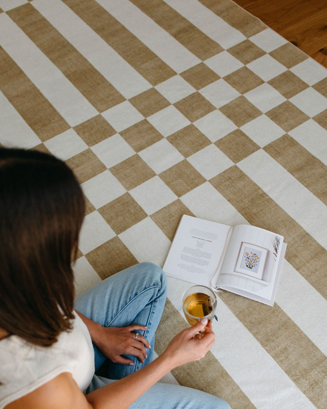 Batini Brown and White Checkered and Striped Washable Rug