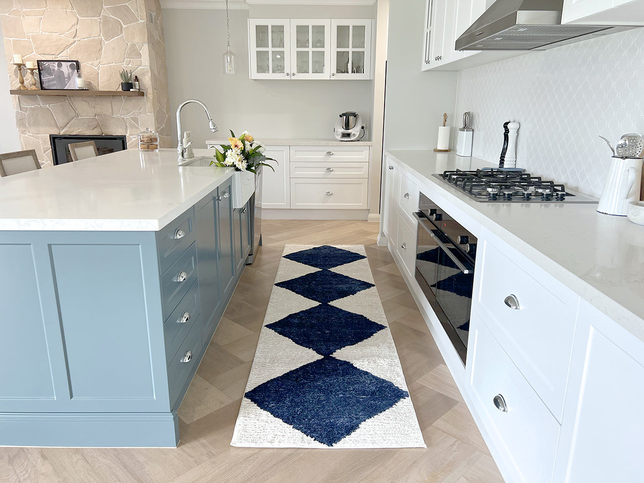 Blythe Ivory and Blue Checkered Runner Rug