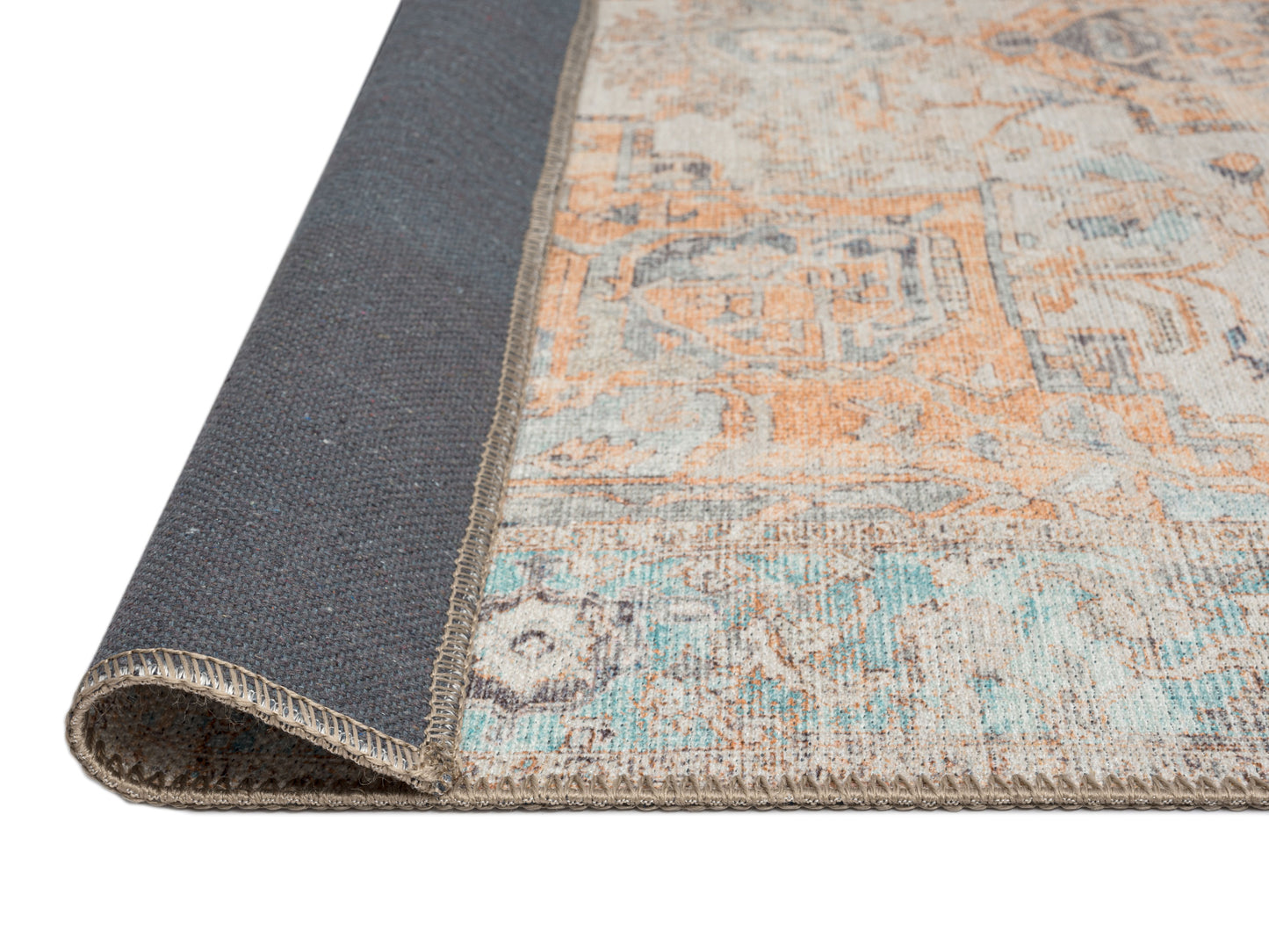Ceren Orange and Blue Traditional Distressed Washable Runner Rug