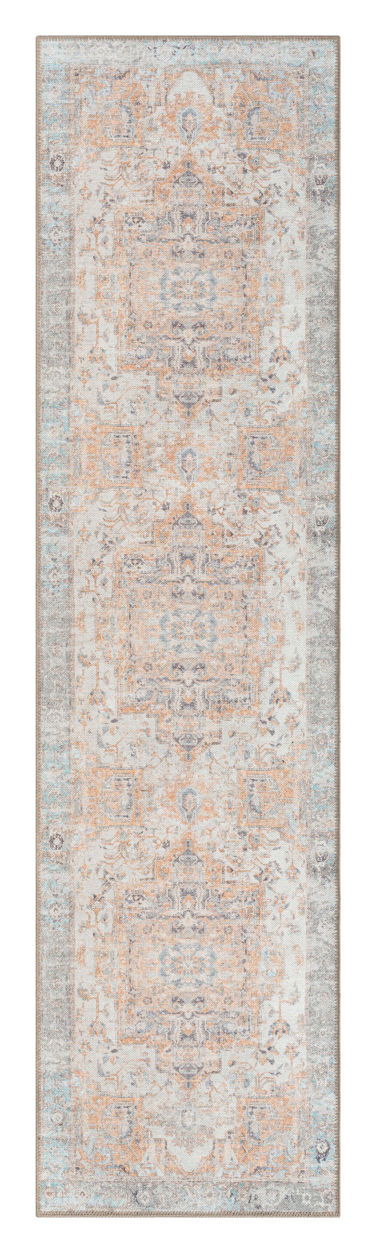 Ceren Orange and Blue Traditional Distressed Washable Runner Rug