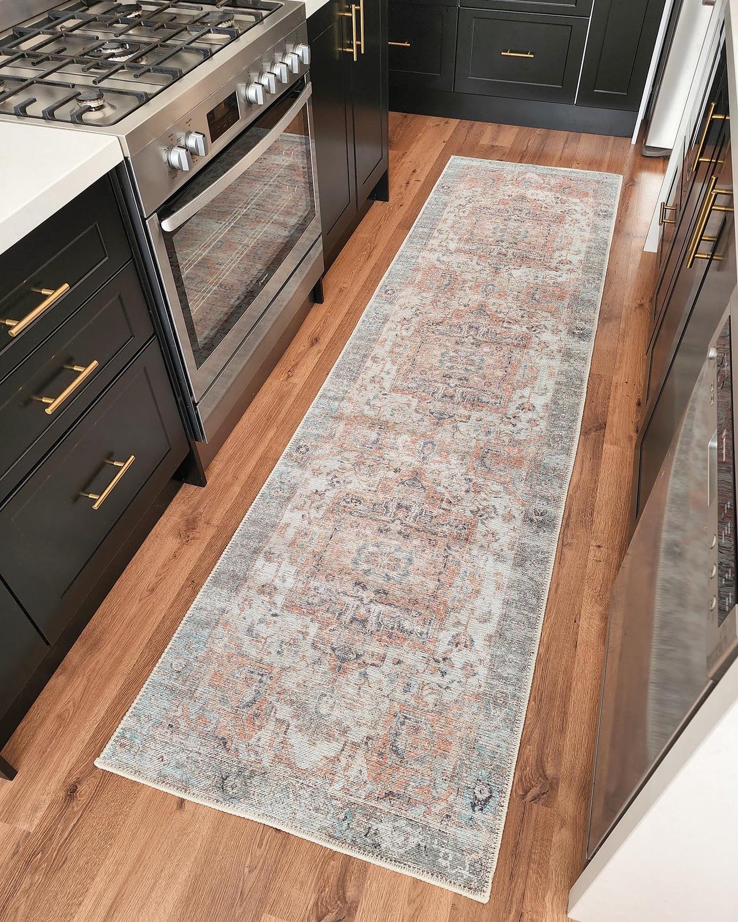 Ceren Orange and Blue Traditional Distressed Washable Runner Rug