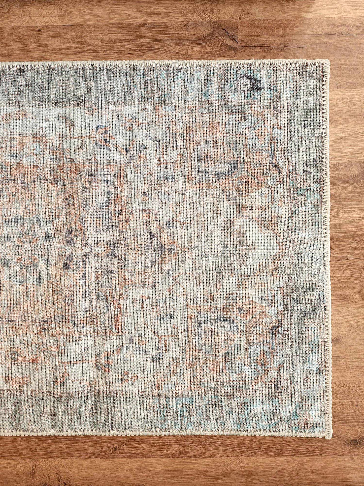 Ceren Orange and Blue Traditional Distressed Washable Runner Rug