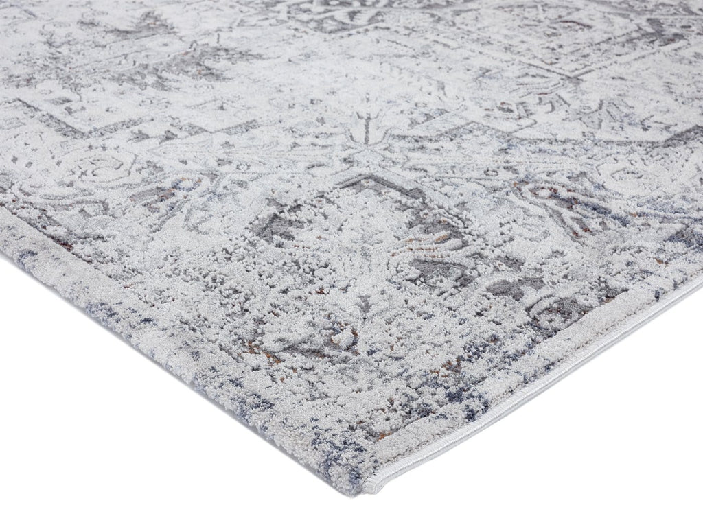 Elania Grey and Blue Traditional Distressed Medallion Runner Rug