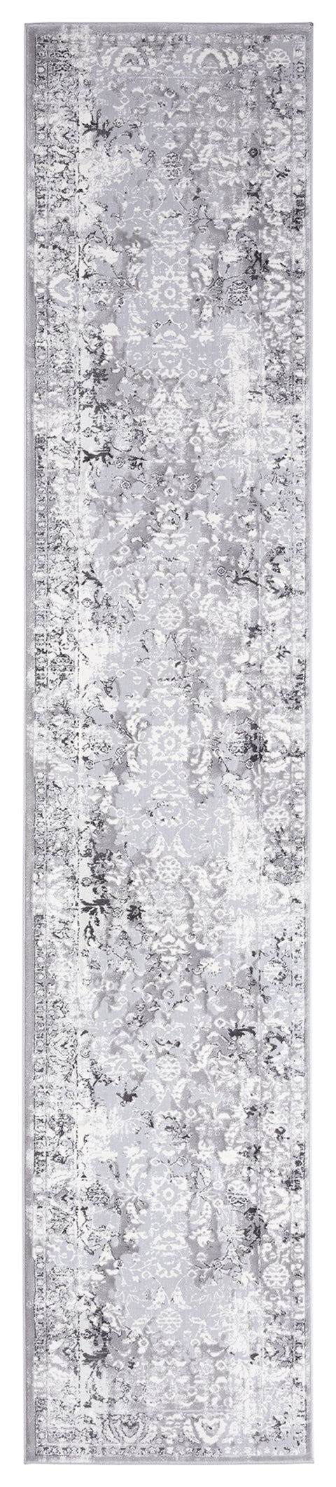 Evryn Charcoal Grey And Ivory Distressed Floral Runner Rug