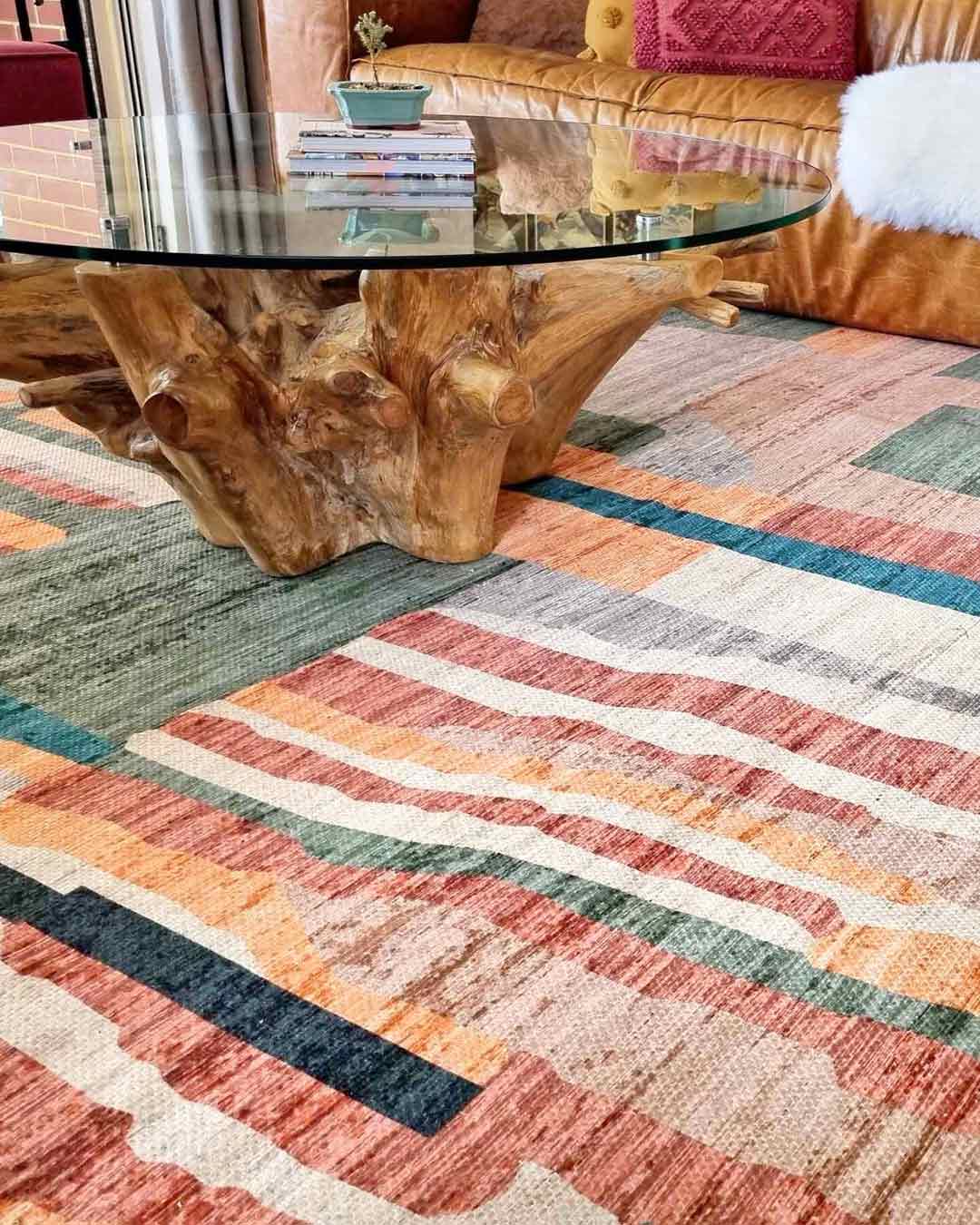 Fern Green and Orange Multi-Colour Abstract Tribal Indoor Outdoor Rug