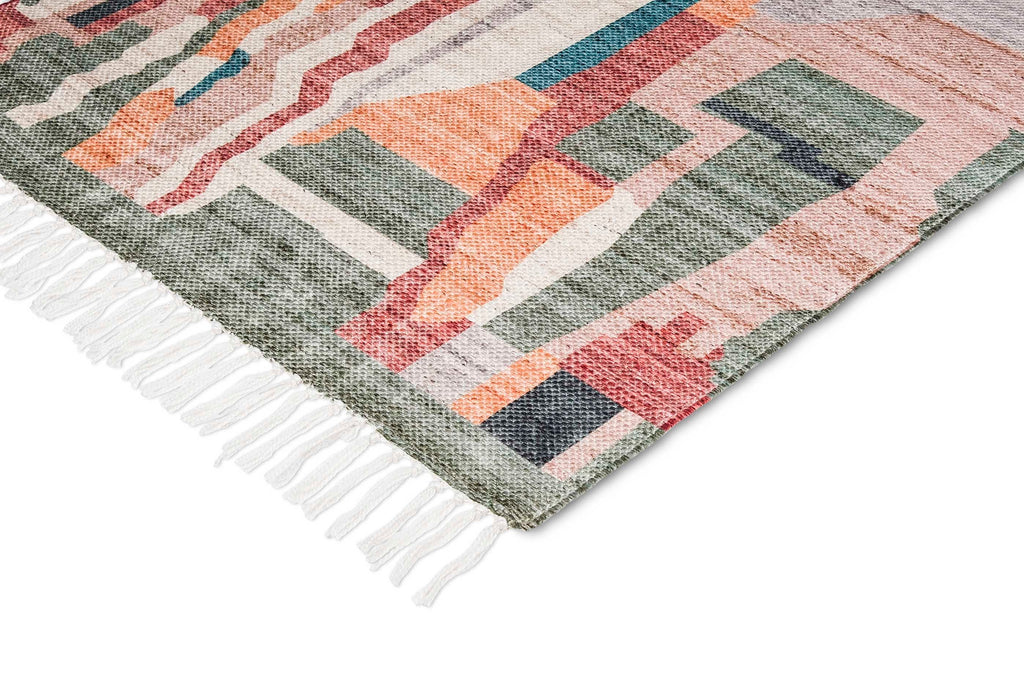 Fern Green and Orange Multi-Colour Abstract Tribal Indoor Outdoor Runner Rug