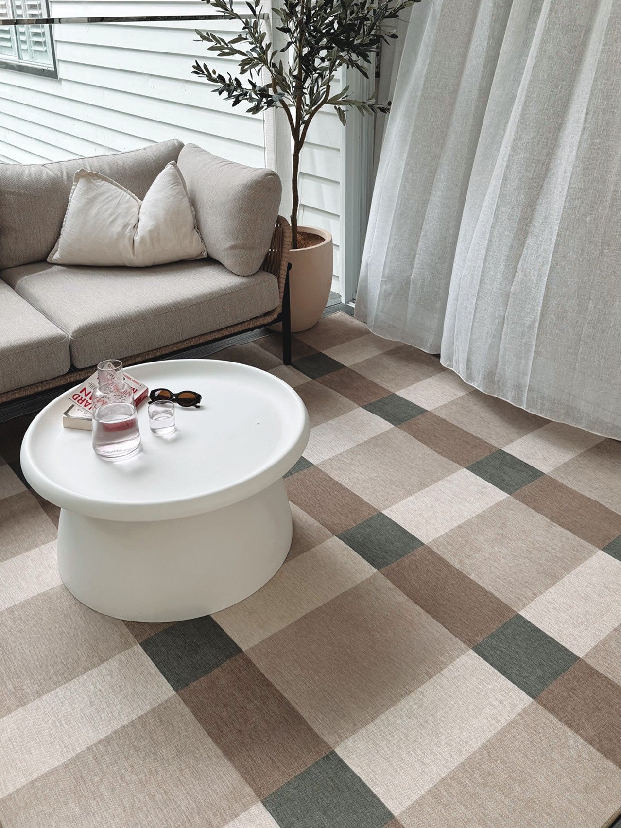 Forio Beige Ivory and Olive Green Checkered Indoor Outdoor Rug