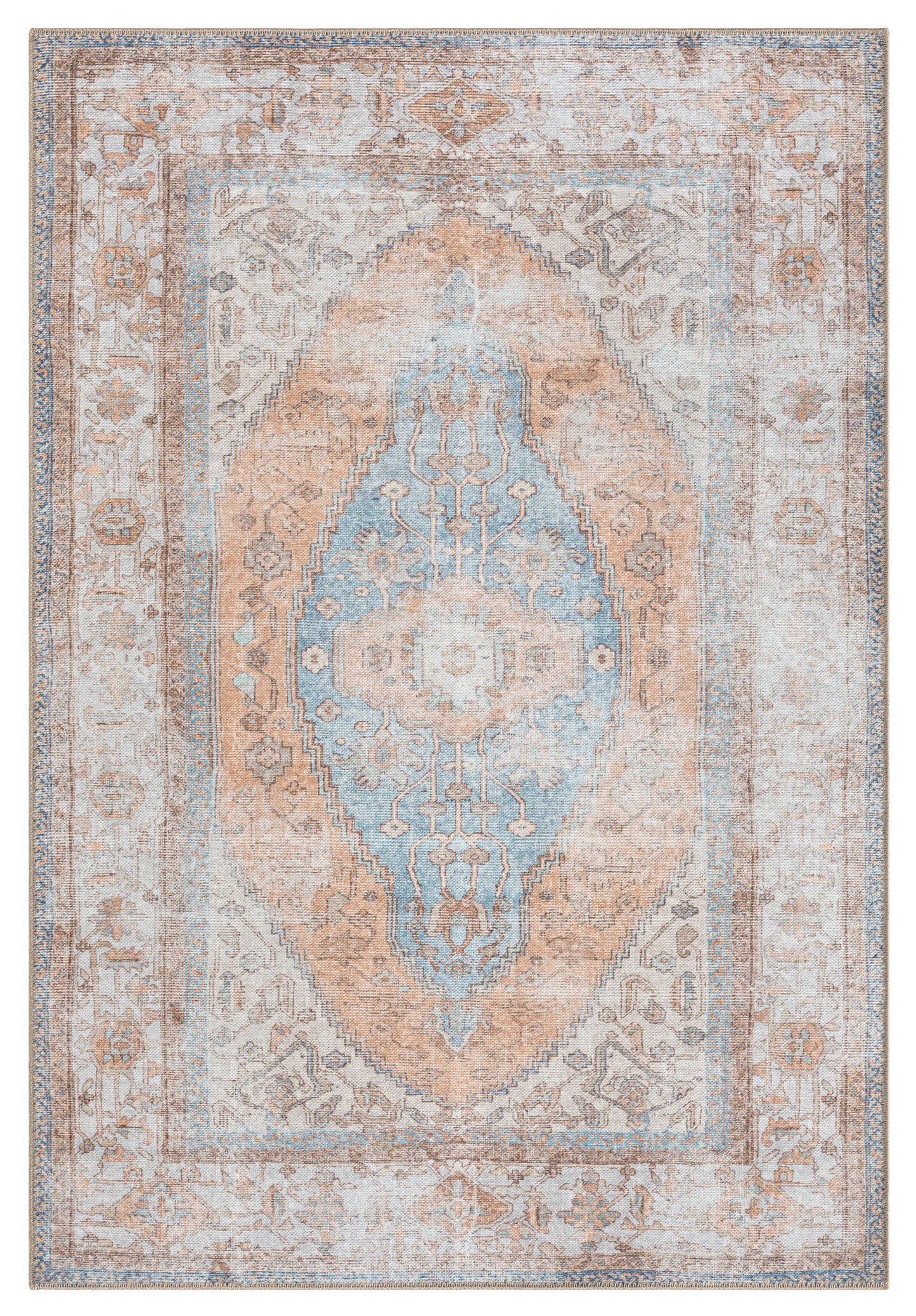 Halima Orange and Blue Traditional Distressed Washable Rug