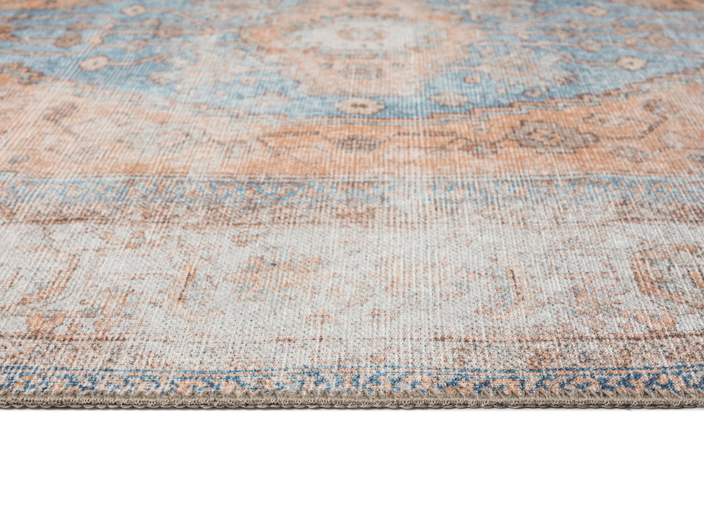 Halima Orange and Blue Traditional Distressed Washable Rug