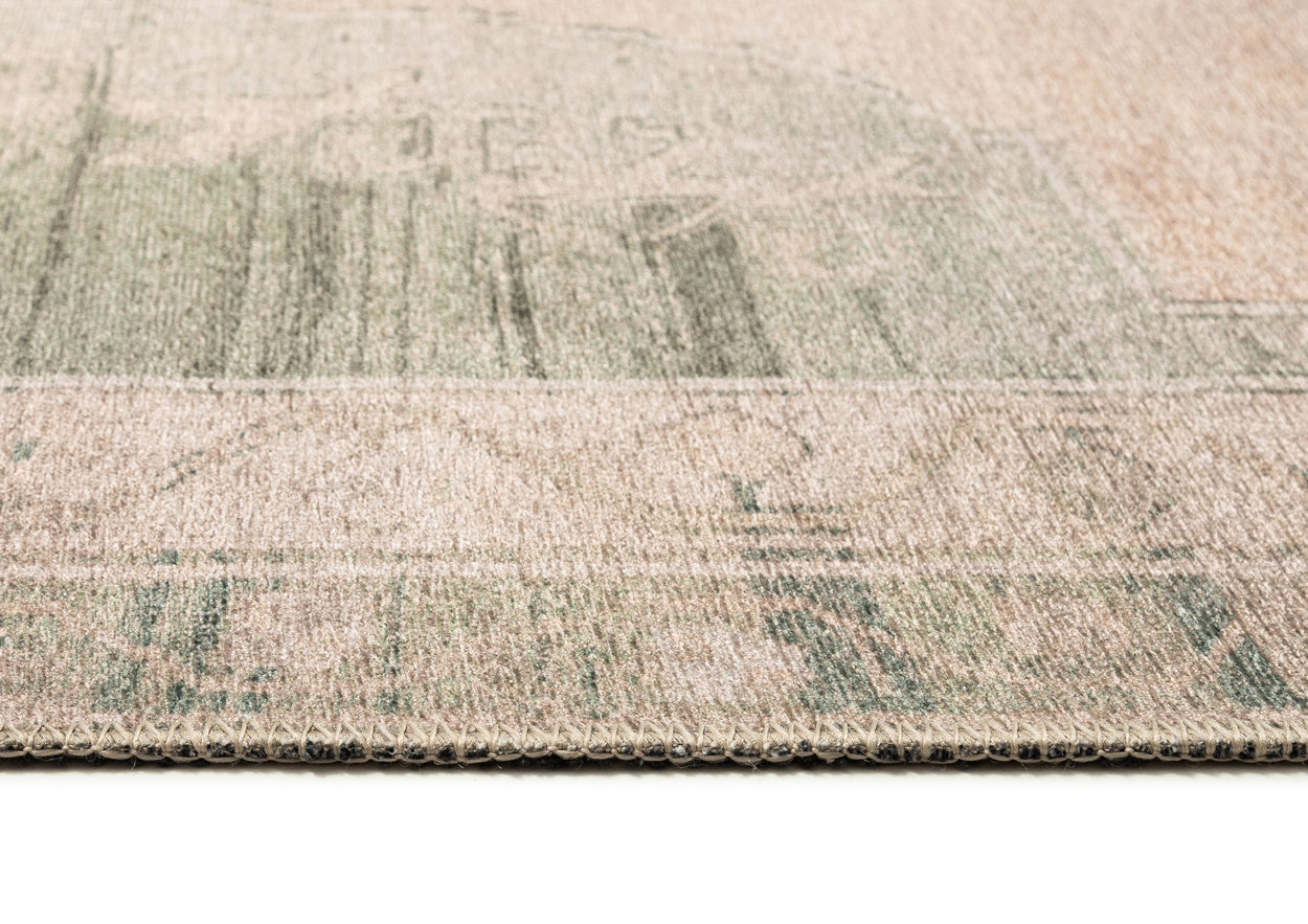 Janella Beige and Green Medallion Washable Rug