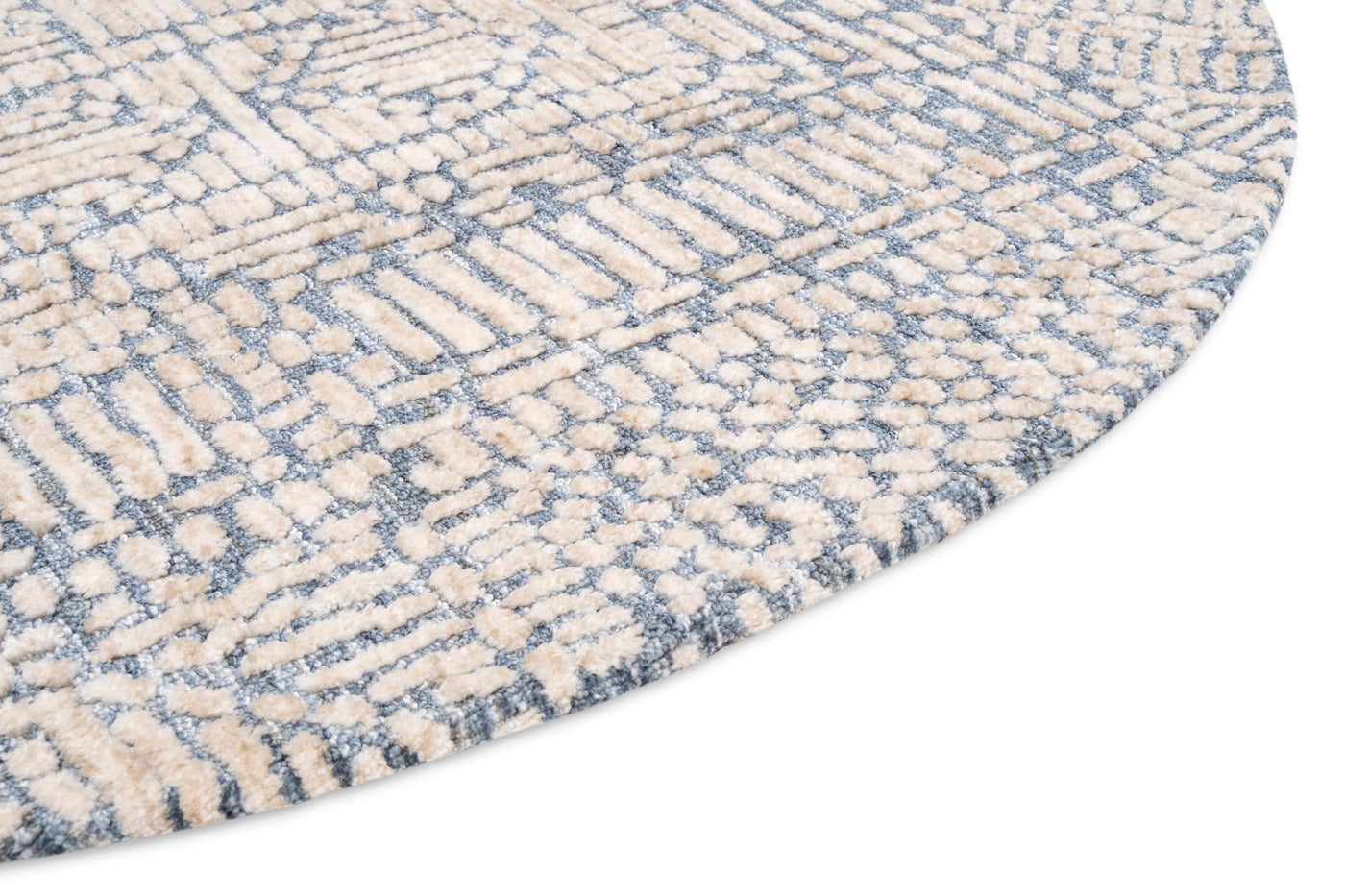 Karmen Blue and Ivory Geometric Patterned Round Rug