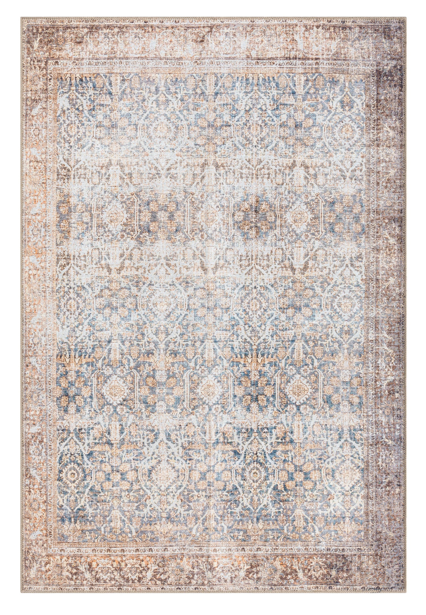 Krisna Brown and BlueTraditional Distressed Washable Rug