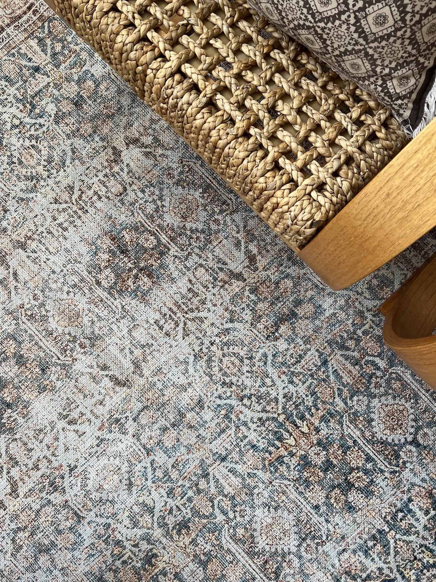 Krisna Brown and BlueTraditional Distressed Washable Rug