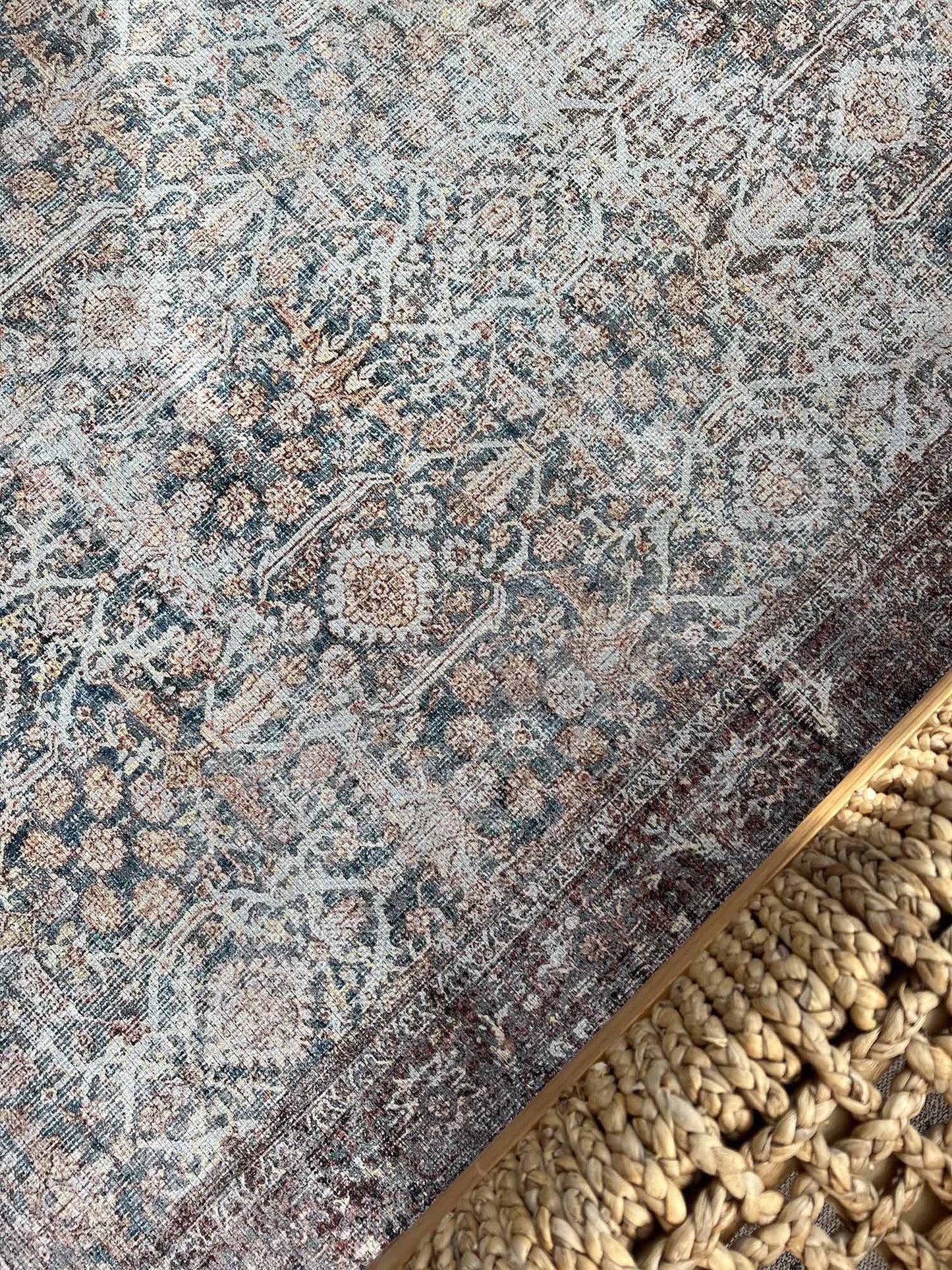 Krisna Brown and BlueTraditional Distressed Washable Rug