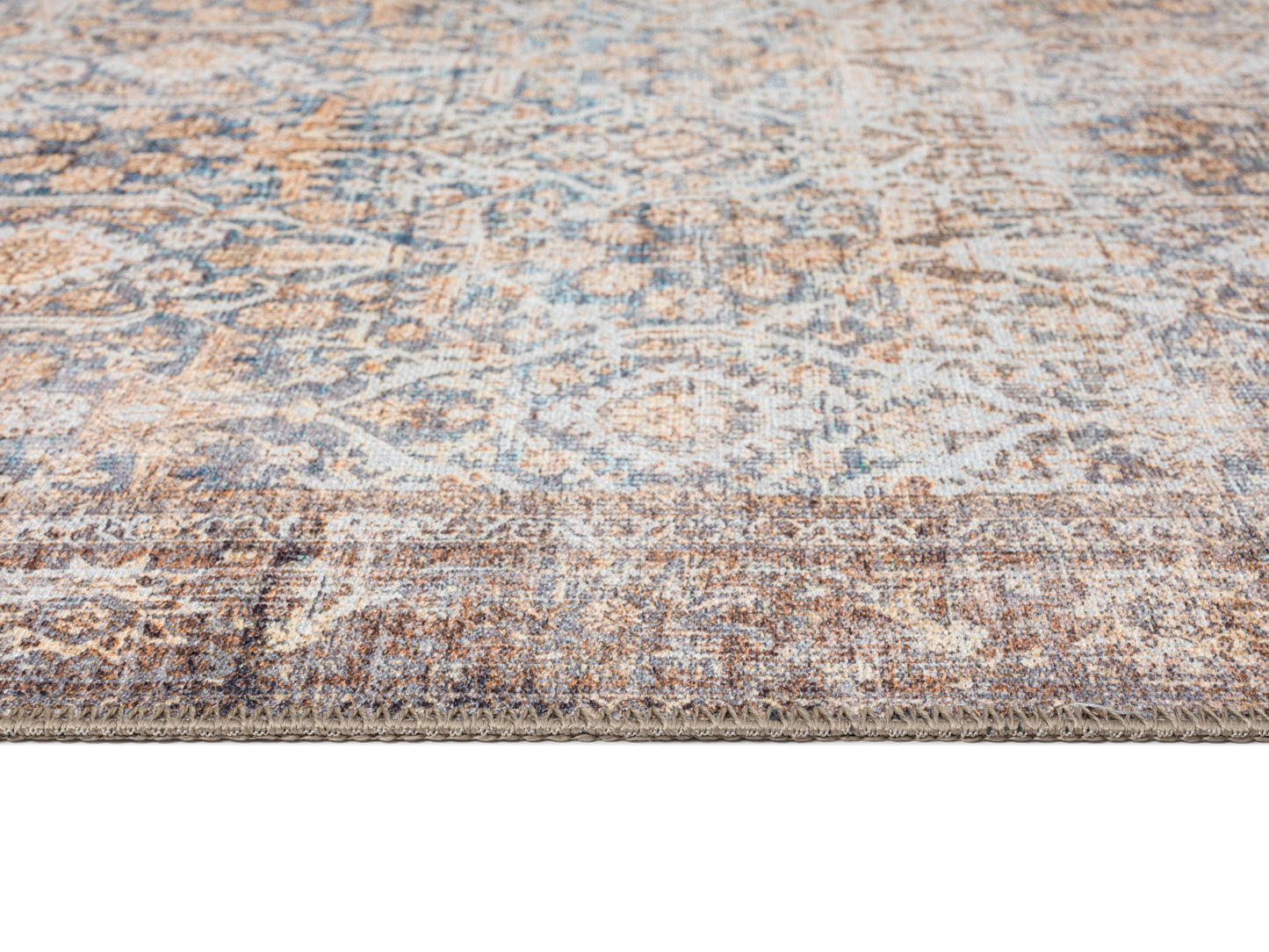 Krisna Brown and BlueTraditional Distressed Washable Rug