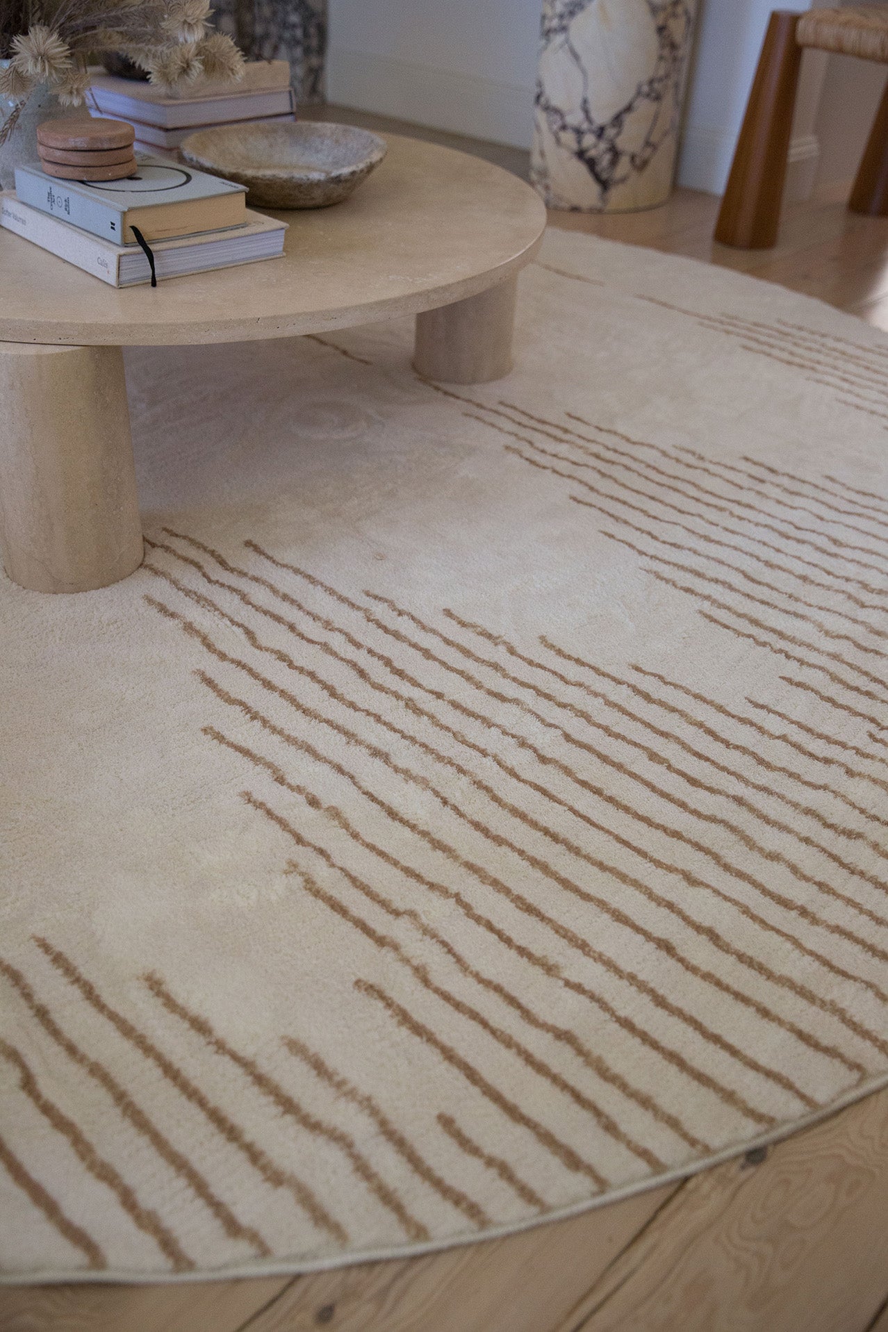 Lyra Ivory and Brown Diamond Stripe Washable Round Rug