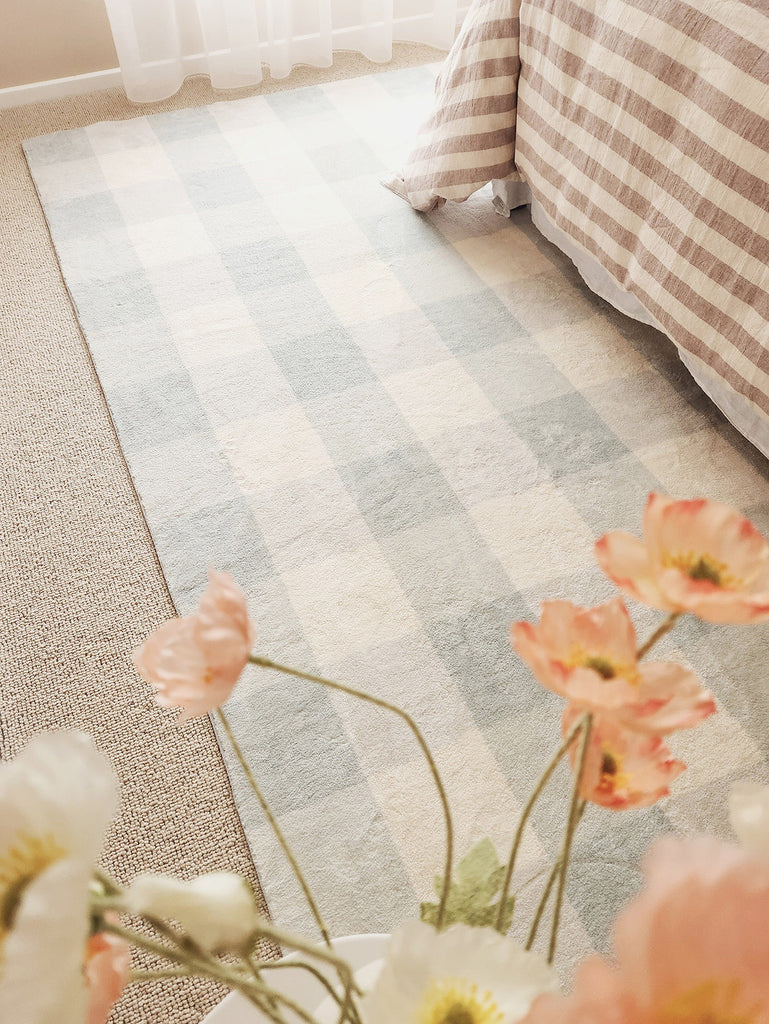 Marcia Blue and Cream Gingham Washable Rug