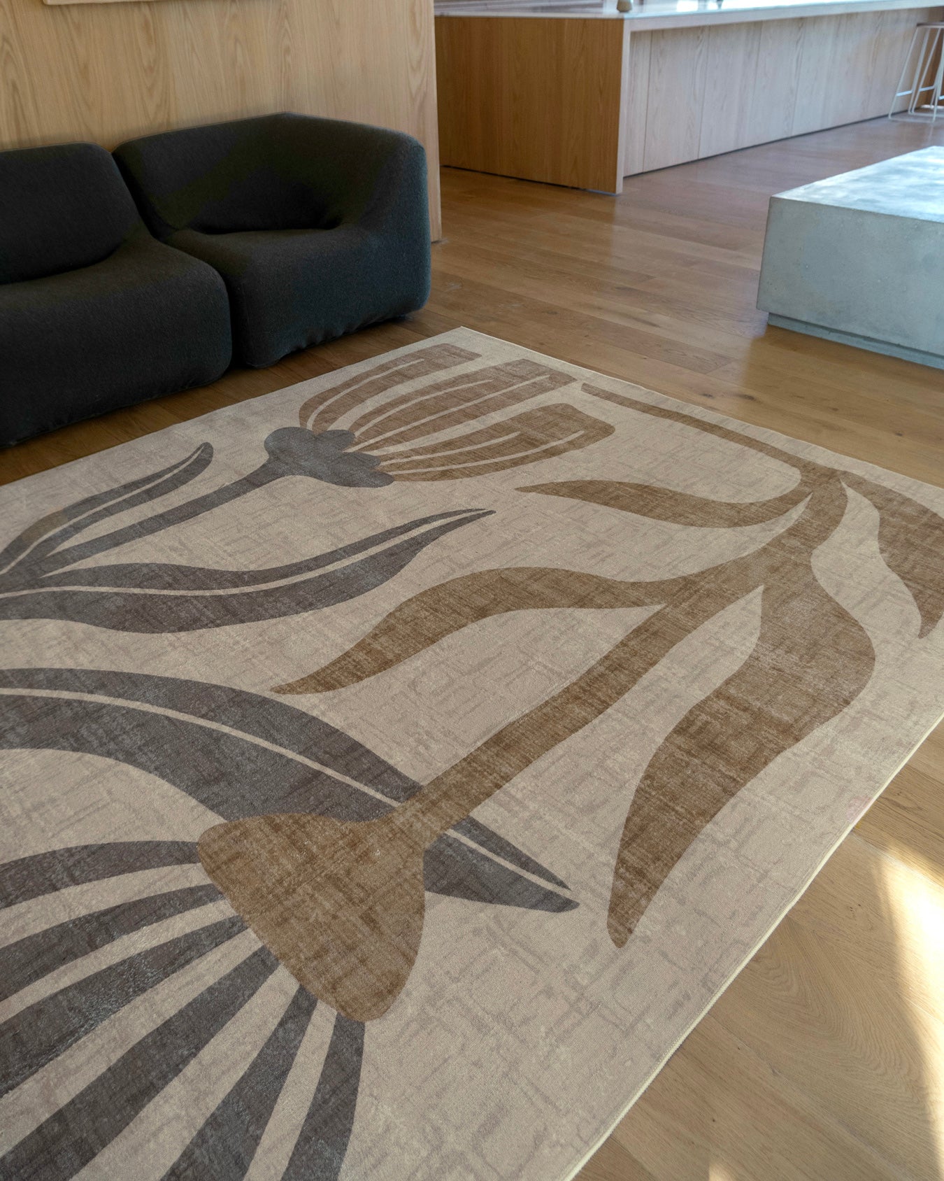 Marzon Beige and Brown Botanical Washable Rug