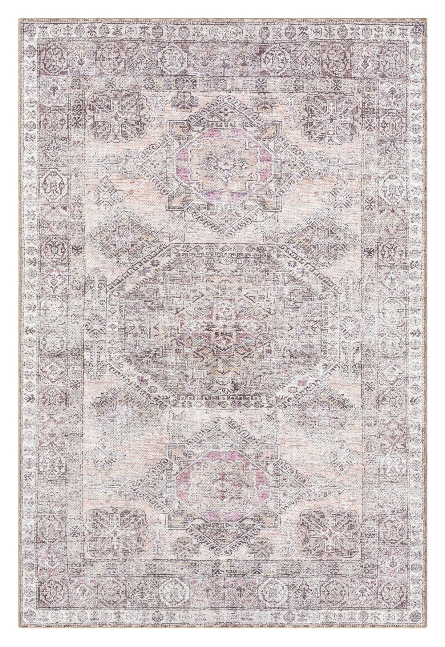 Mindi Grey and Pink Traditional Distressed Washable Rug