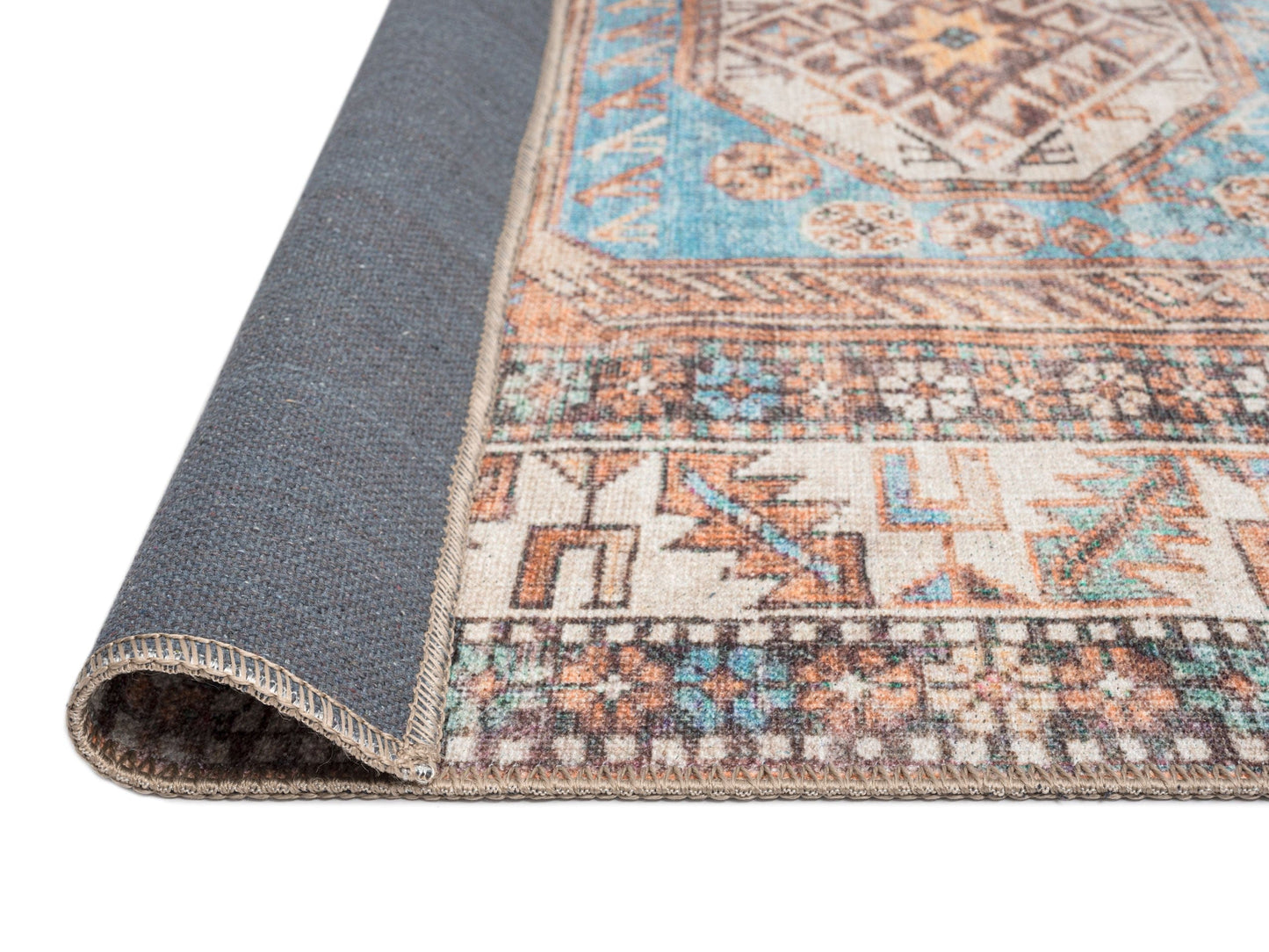 Nazri Orange and Blue Traditional Distressed Washable Rug