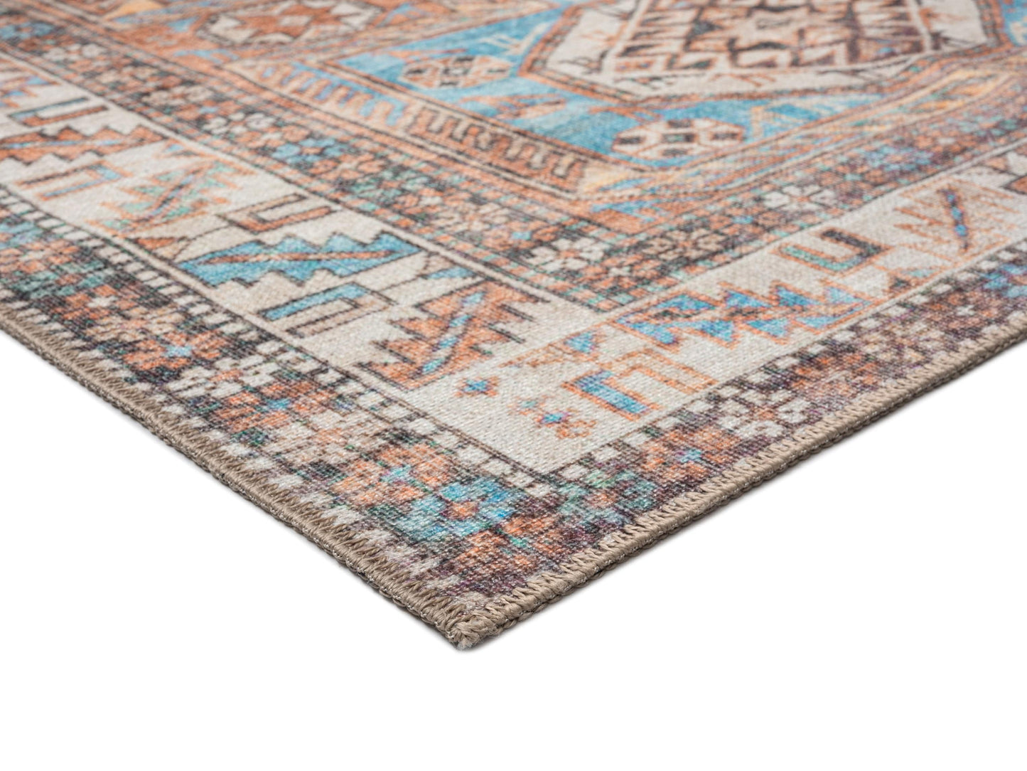 Nazri Orange and Blue Traditional Distressed Washable Rug